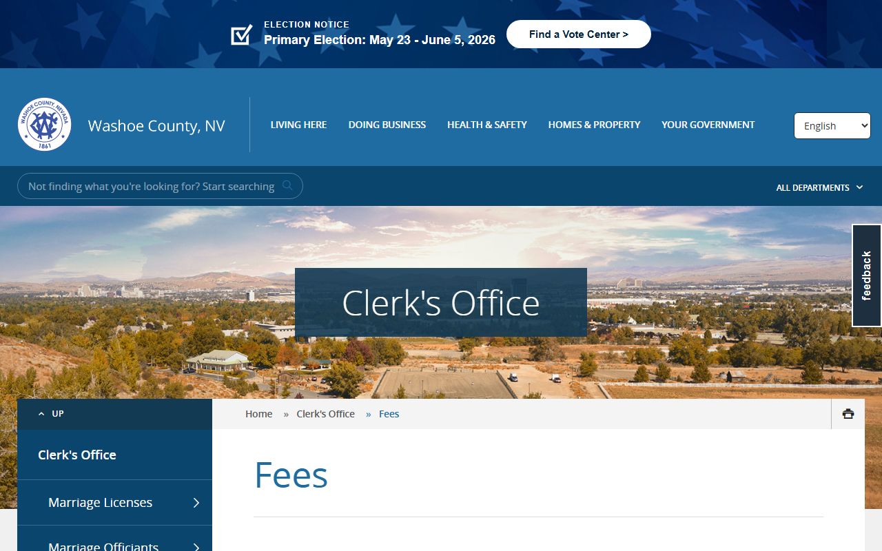 Washoe County Clerk fee schedule page