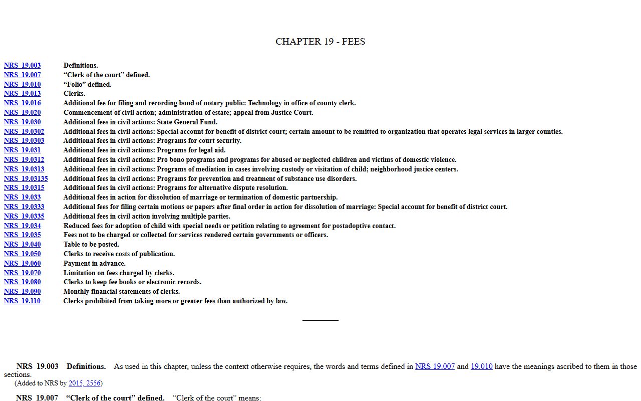 Washoe County Clerk fee statute - NRS Chapter 19