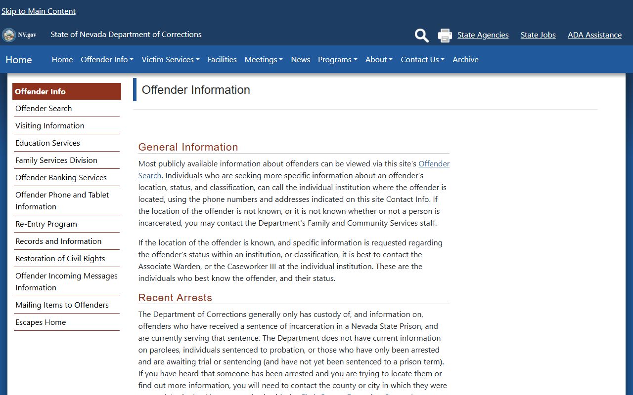 Nevada DOC inmate home page for Washoe County criminal records research