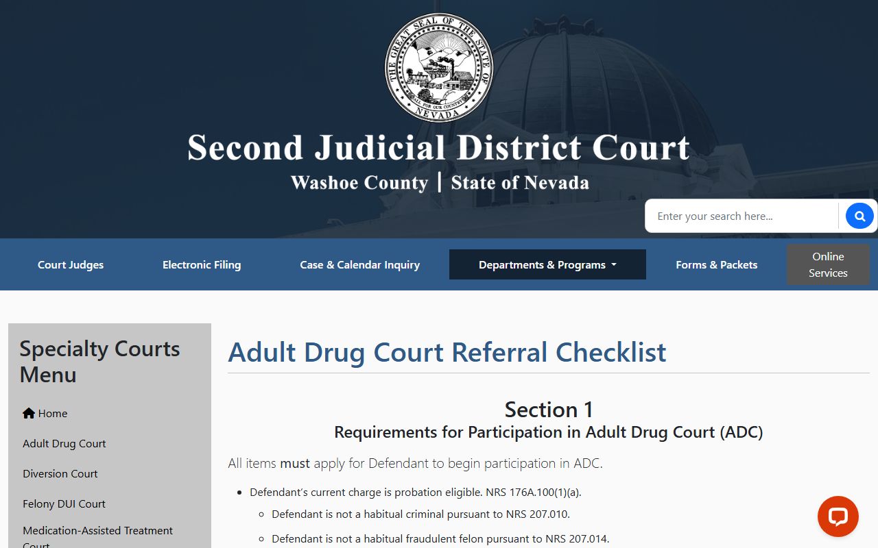 Washoe County District Court Adult Drug Court records page