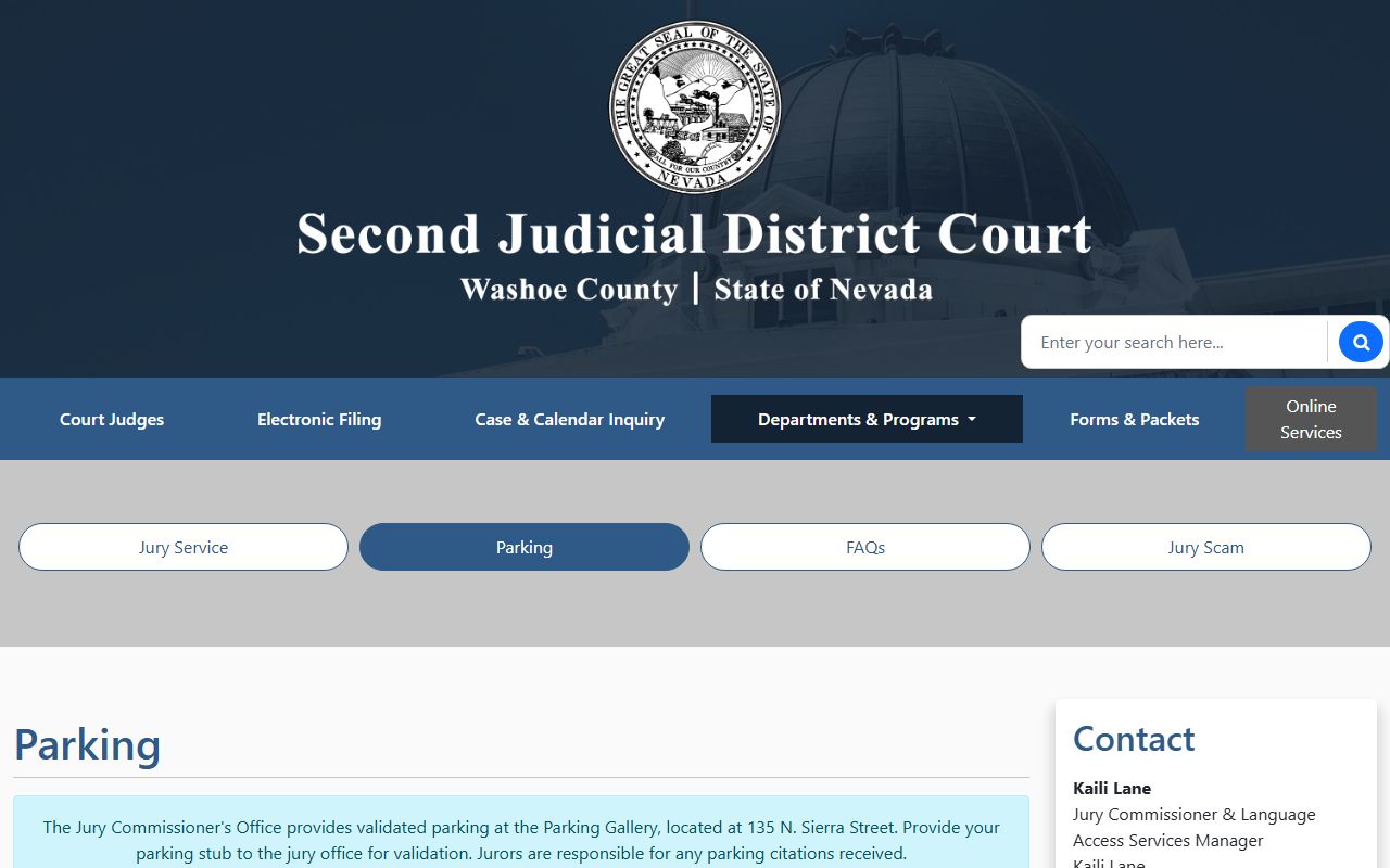Washoe County District Court jury parking and visitor records page