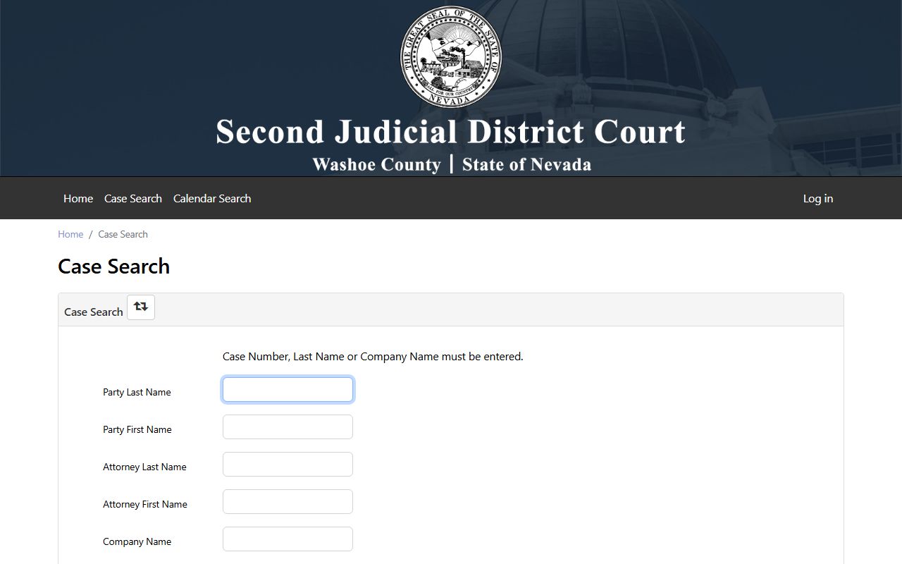 Washoe County District Court case search fields screenshot