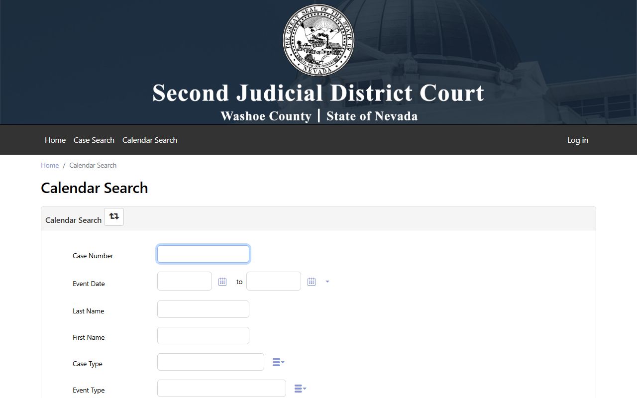 Washoe County Court calendar and docket search screen