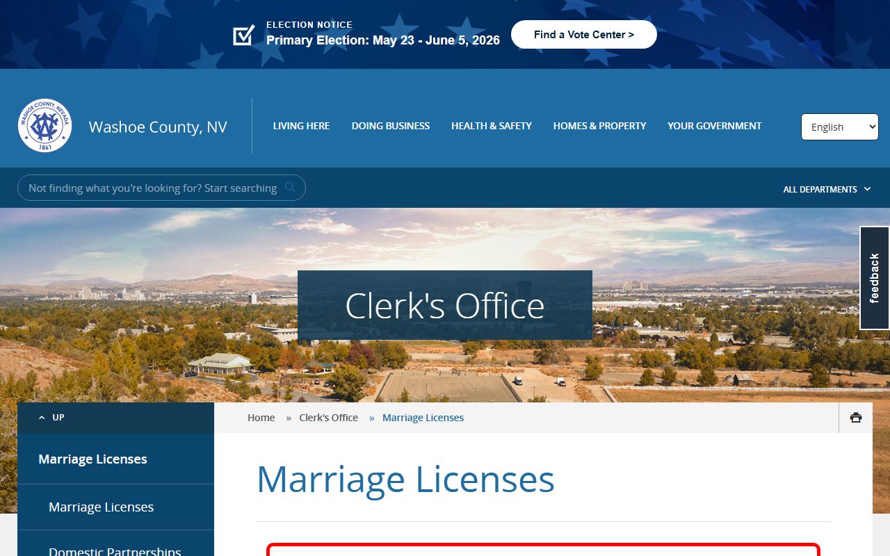Washoe County Clerk marriage license bureau page