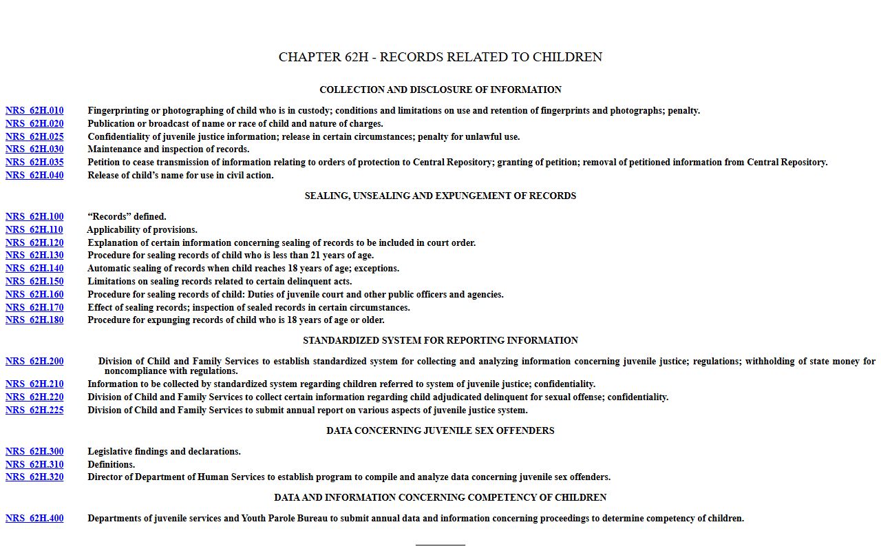Washoe County public records - Nevada juvenile records statute (NRS 62H)