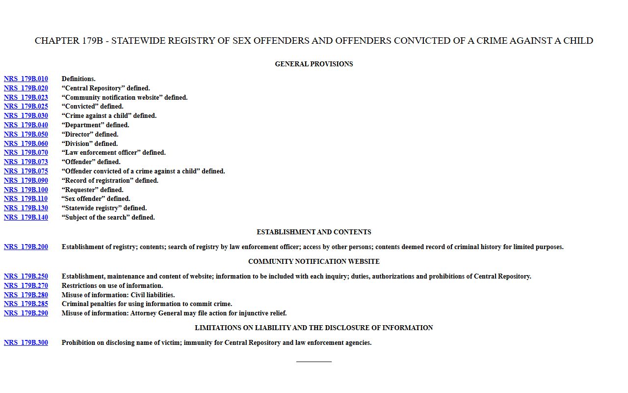 Nevada public records limits - sex offender registry statutes (NRS 179B)