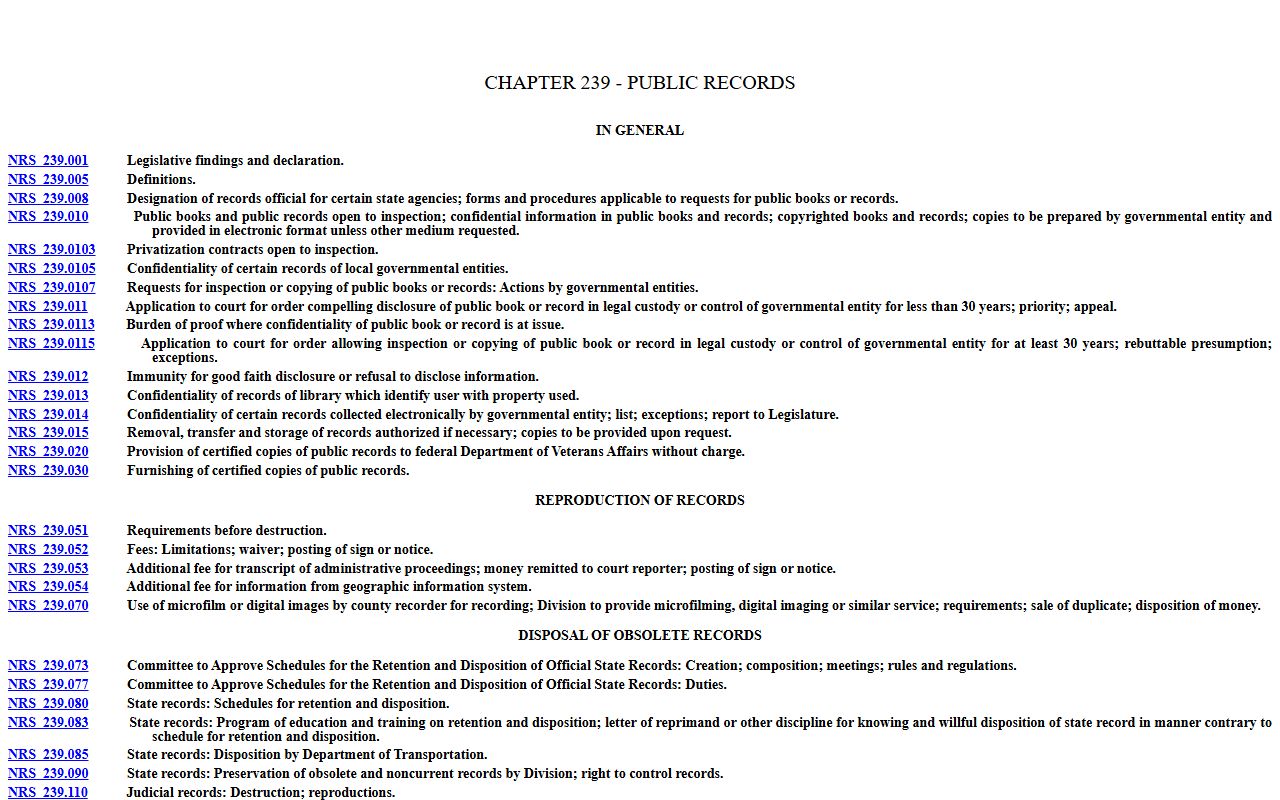Nevada Public Records Act NRS 239 governing Washoe County court records